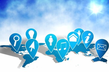 Cluster of nine blue map-pin icons is floating over flat design world map with sun-flare © vectorfusionart