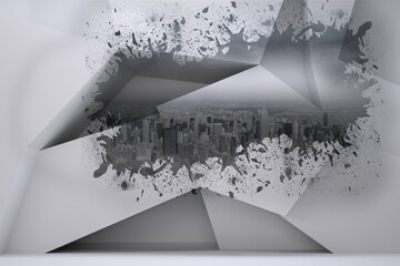 Paint-splatter portal is revealing distant city skyline in 3D render gallery with angular panels