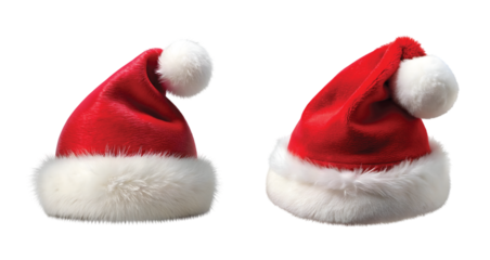 Santa Claus Red Hat with White Fur: A classic Santa Claus red hat with fluffy white fur trim and pom-pom, PNG sharp