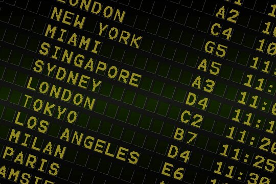 Black airport departures board with yellow text