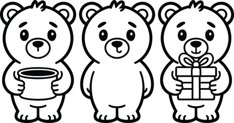 Cartoon Bear Trio Illustration Featuring Pot, Empty Hands, and Gift Box in Playful Black Line Art