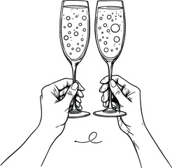 Cheers Celebration Silhouette Illustration Featuring Clinking Champagne Glasses Held by Two Hands in Black Line Art