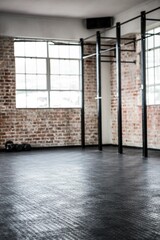 Black steel pull-up rig is standing in flat design brick gym with dumbbells and rubber mats