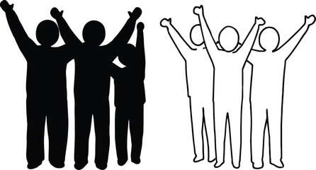 Solidarity & Diversity Unity Illustration Featuring Contrasting Silhouettes with Uplifted Arms in Dual Styles