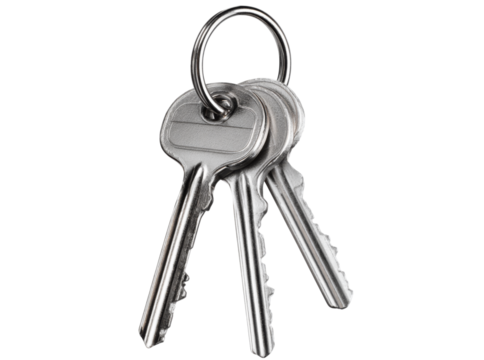 Three silver keys on a keyring isolated on black background, On Transparent Background, Png