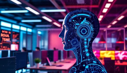 Side profile, stylized tech pattern overlay, AI, future workplace, cybersecurity,  diversity