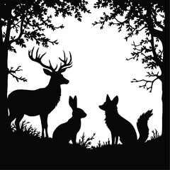Forest Companions Silhouette Trio Featuring Deer, Rabbit, and Fox Surrounded by Trees in Peaceful Black Line Art