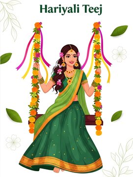 Beautiful indian woman in green saree enjoying swing decorated with marigold flowers