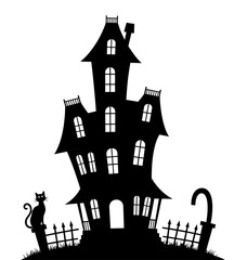 Halloween haunted house silhouette with cat