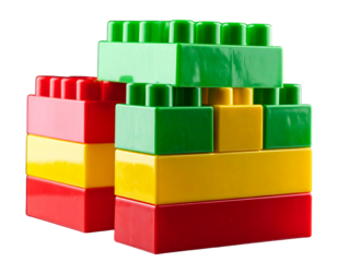 A vibrant stack of glossy red, green, and yellow plastic building blocks, representin