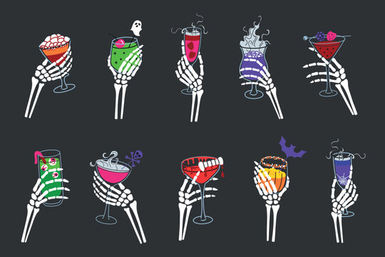 Flat cartoon vector set of skeleton hands holding Halloween drinks. Spooky party cocktails with creepy decorations. Festive beverages, holiday celebration design, bar menu, seasonal visuals