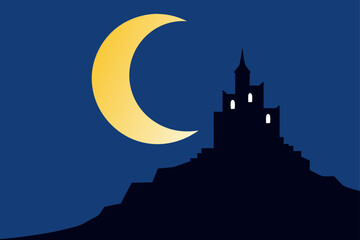 Fototapeta premium Crescent Moon Above a Crumbling Gothic Castle on a Cliff