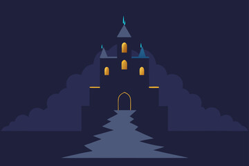Fototapeta premium Dark Castle Surrounded by Thunderclouds Glowing Silhouettes