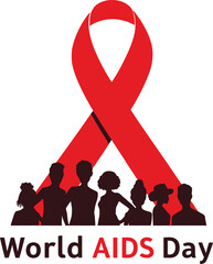 World AIDS Day Solidarity Illustration Featuring Large Red Ribbon Above Diverse Human Silhouettes with Bold Text Accent