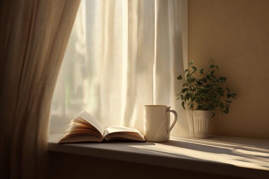 Cozy Reading Nook: Open book, warm drink, and plant basking in soft sunlight by the window, creating a peaceful atmosphere for relaxation.