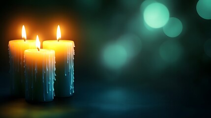 Three Burning Candles Teal Bokeh Background,  Spiritual Atmosphere,  Meditation, Peace, Hope