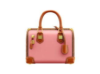 Stylish pink leather handbag brown trim gold zippers, On Transparent Background, Png