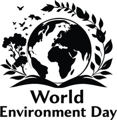 World Environment Day Earth Illustration Featuring Leafy Branches, Flying Birds, and Bold Typography Around Africa-Asia Map View