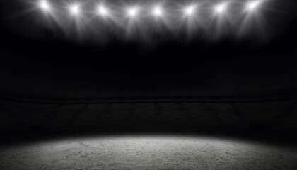 Concrete circle patch is glowing under overhead spotlights over dark seating in flat design style