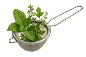 Mint leaves, blossoms filling tea infuser, preparing aromatic herbal brew against clean light backdrop