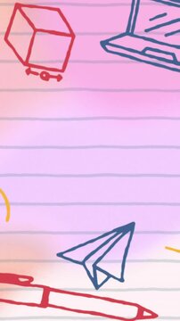 Colorful school supplies and science icons animation over lined paper background