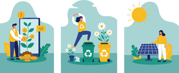 Eco investment concept, sustainable energy, solar panel power, recycling for health, green economy, digital growth, renewable future, zero waste lifestyle