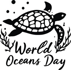 World Oceans Day Sea Turtle Illustration Featuring Swimming Turtle Surrounded by Bubbles and Seaweed with Stylized Text