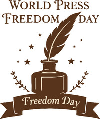 World Press Freedom Day Ink Bottle Illustration Featuring Quill, Stars, Leaf Branches, and Typographic Banner