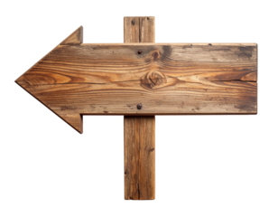 A worn aged wooden signpost features a large arrow pointing viewers left, highlightin 