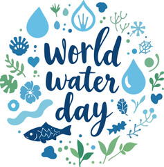 World Water Day Circular Poster Featuring Aquatic Symbols, Green Leaves, and Central Typography in Blue-Green Palette