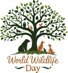 World Wildlife Day Poster Illustration Featuring Diverse Animal Silhouettes Gathered Around a Tree in Green and Brown Tones