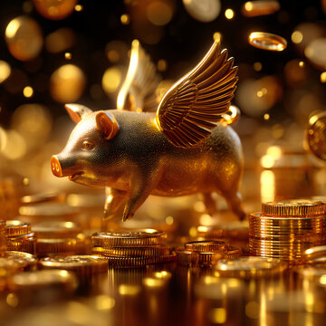 a pig figurin with wings on top of coins