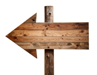 A worn aged wooden signpost features a large arrow pointing viewers left, highlightin