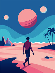 Surreal Journey. A Solitary Figure Walks on an Alien Planet's Pink Beach