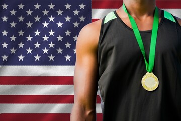 Curtains Midsection of medalist against American Flag