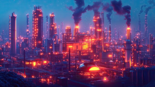 Industrial landscape with molten metal pouring, dynamic factory environment illuminated in vibrant colors. - Powered by Adobe