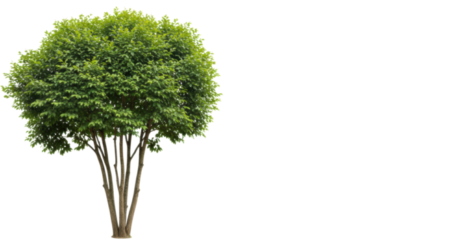 Four separate medium deciduous trees, shaped like ornamental bushes, slender brown trunks, vibrant emerald green foliage, full summer bloom, against a transparent background with copy space, studio