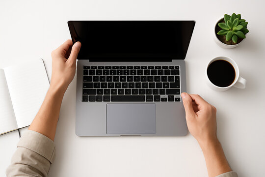 Person closing laptop on clean white desk with notebook coffee and plant minimal modern workspace top view photo
