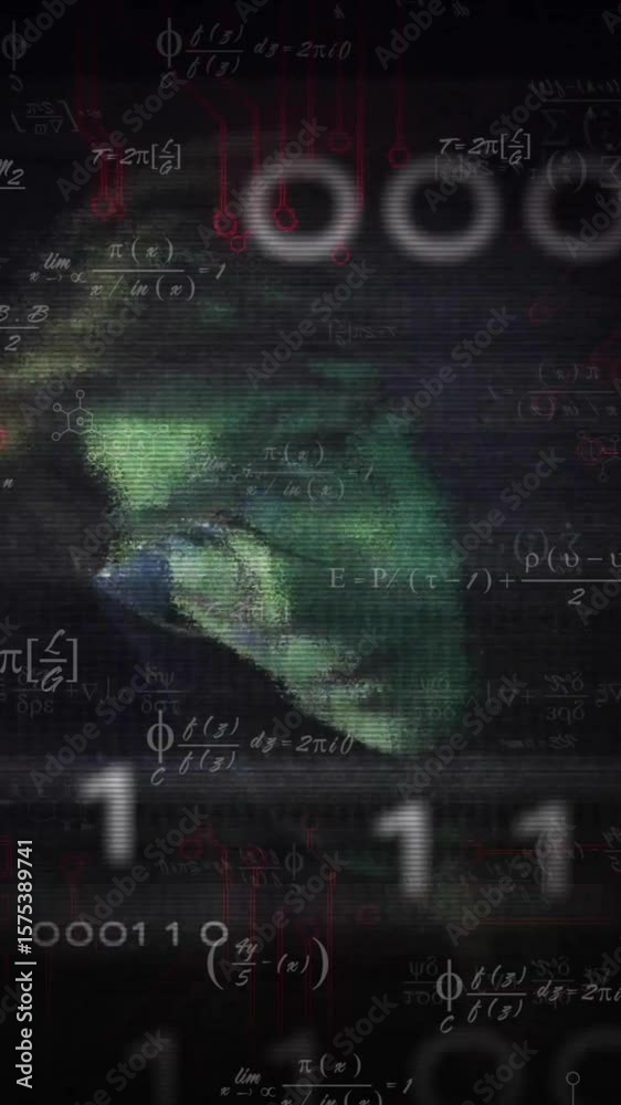 Poster Binary code and mathematical formulas animation over person in dark background