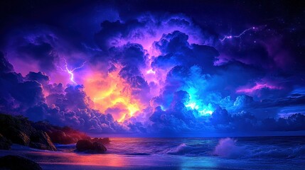 Fototapeta premium Night storm over a beach. Vivid colors