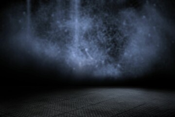 Column of illuminated mist is descending under overhead spotlight in flat design dark studio