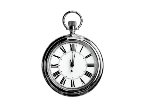 Elegant silver pocket watch showing midnight on black background, On Transparent Background, Png