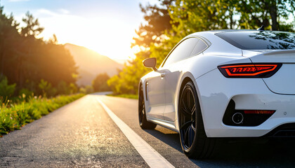 Fototapeta premium White sports car sunset road trip.