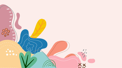 Abstract pastel shapes and leaves create a vibrant design. Perfect for backgrounds, invitations, posters, and social media graphics with a colorful theme.