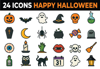 Colorful Cute Halloween Icons Set for Design Projects. This set features a collection of adorable, flat-line Halloween icons perfect for various design projects.