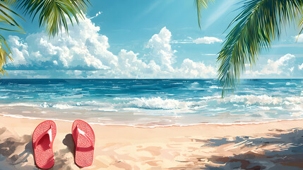 Flip-flops on a sunny tropical beach with sea waves in background, travel banner with copy space