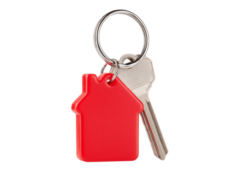 Red house keyring with keys isolated on black background, On Transparent Background, Png