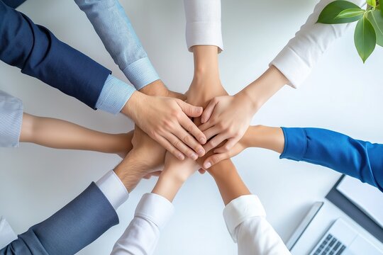 Close-up top view of diverse business professionals stacking hands together in unity, symbolizing teamwork and collaboration in a modern office environment - Powered by Adobe