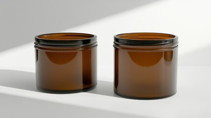 Two amber glass jars with black lids on a white surface.