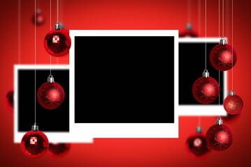 Festive flat collage is showing white frames on red gradient with hanging red baubles, copy space
